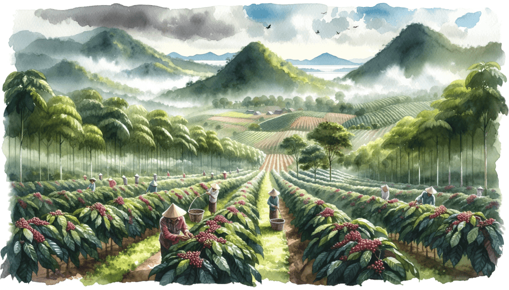 an original watercolor painting showing a coffee plantation in Sumatra Indonesia 