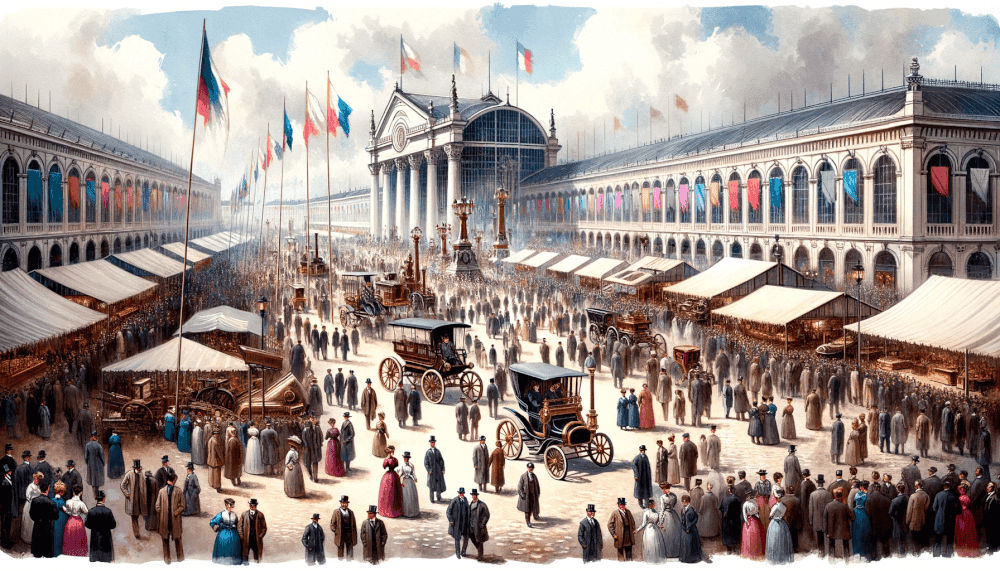 Watercolor painting of the Grand Exhibition of 1884 in Turin showcasing a vast display of innovative machines and artistic exhibits. Throngs of visitors