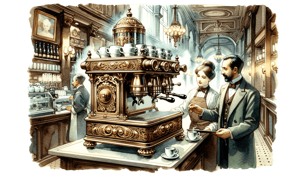 Watercolor painting showcasing a late 19th-century European cafe. In the center, an ornate brass espresso machine with intricate designs stands proudly