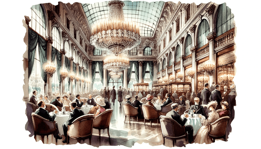 Watercolor scene of a bustling Turin cafe in the late 19th century. The luxurious setting is evident from the tall windows draped with heavy curtains