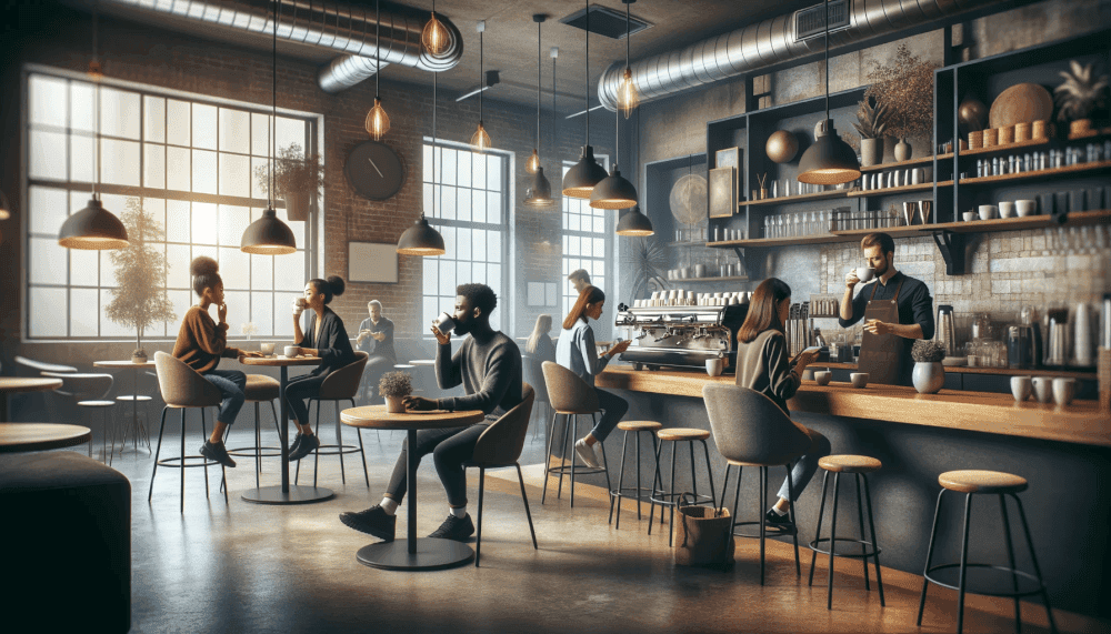 image of a modern coffee shop interior filled with customers enjoying their coffee