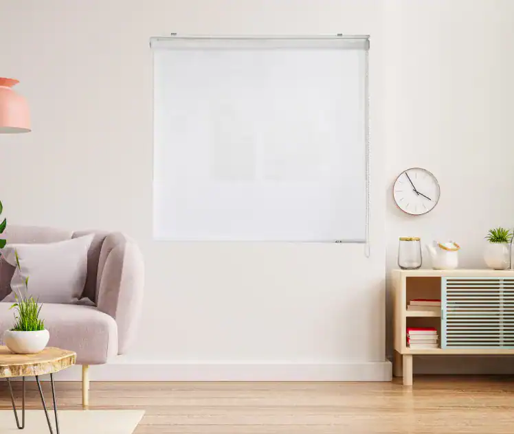 Clean white window shade for modern decor.