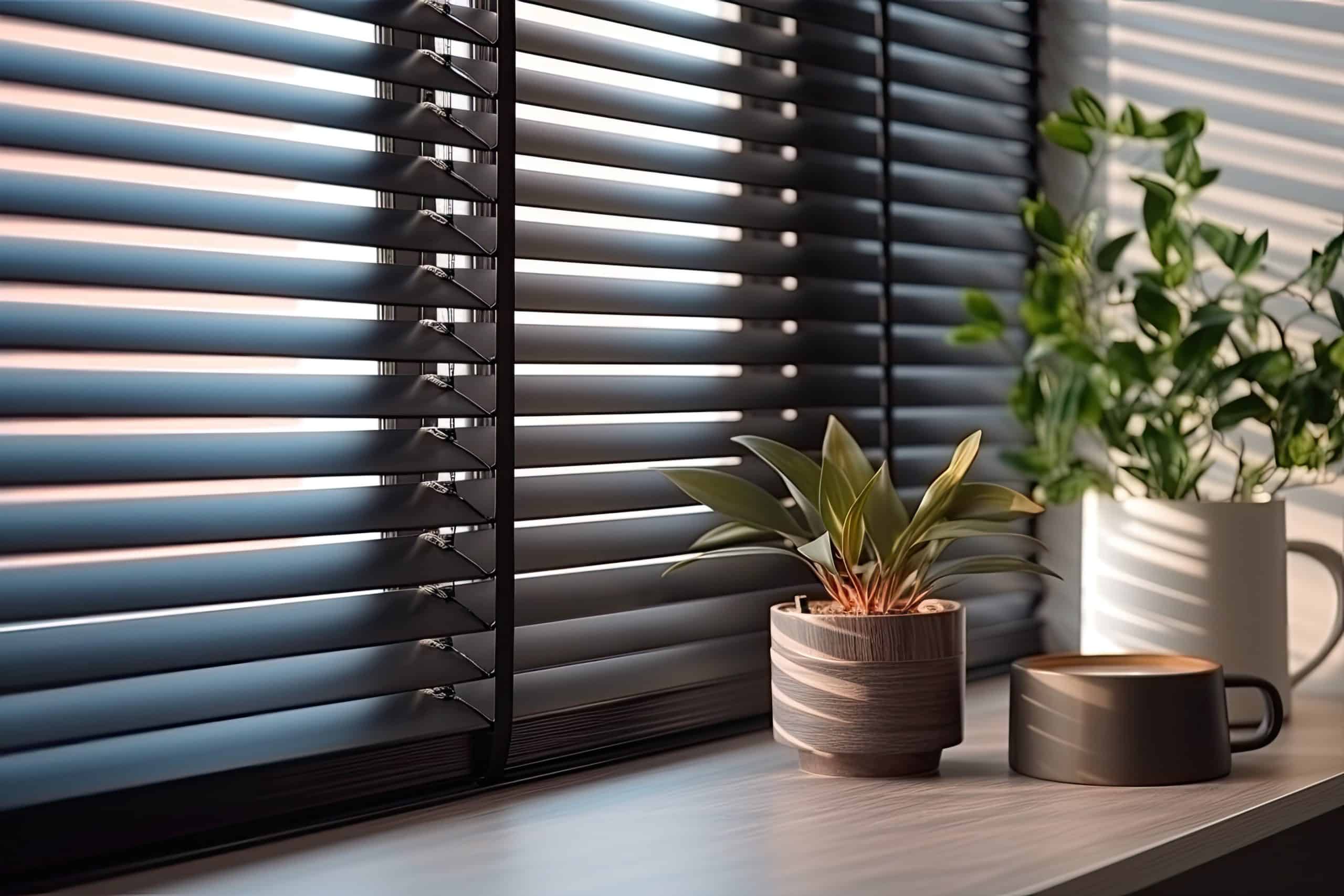 Bright window blinds with houseplants and coffee mug on window sill.