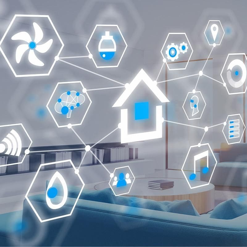 Smart home icons with connectivity symbols for automation.