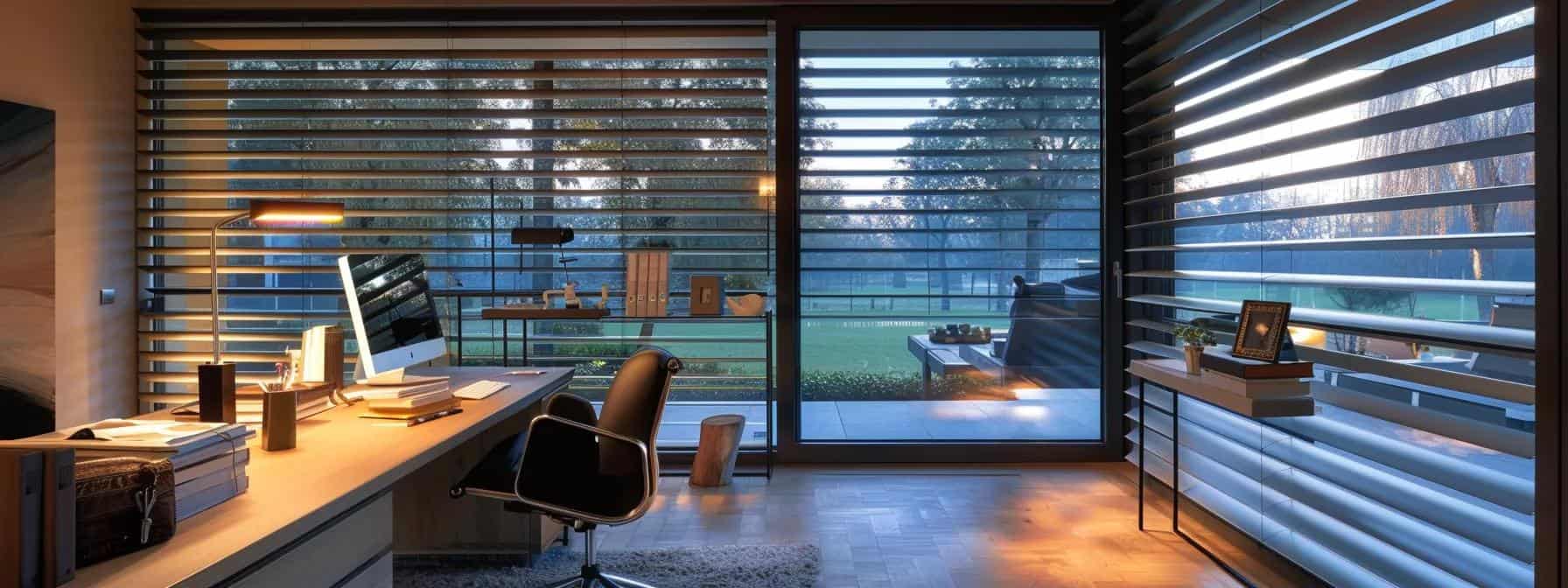 Bright home office with large windows, wooden blinds, and modern minimalist decor.
