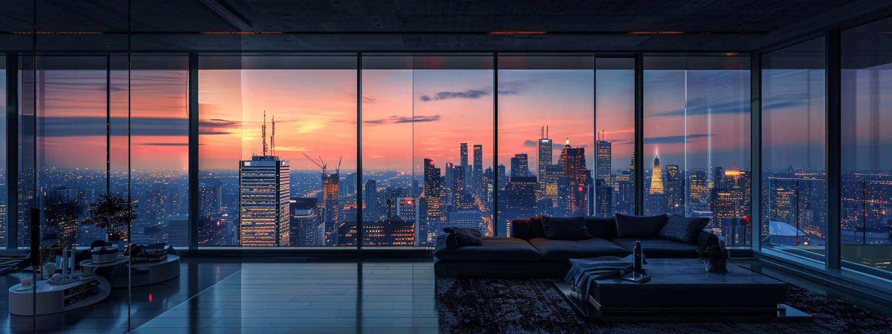Stunning city skyline view from luxury apartment with floor-to-ceiling windows.