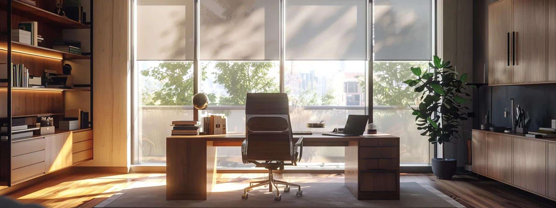 Bright, contemporary home office with large windows, wooden furniture, and lush indoor plants.