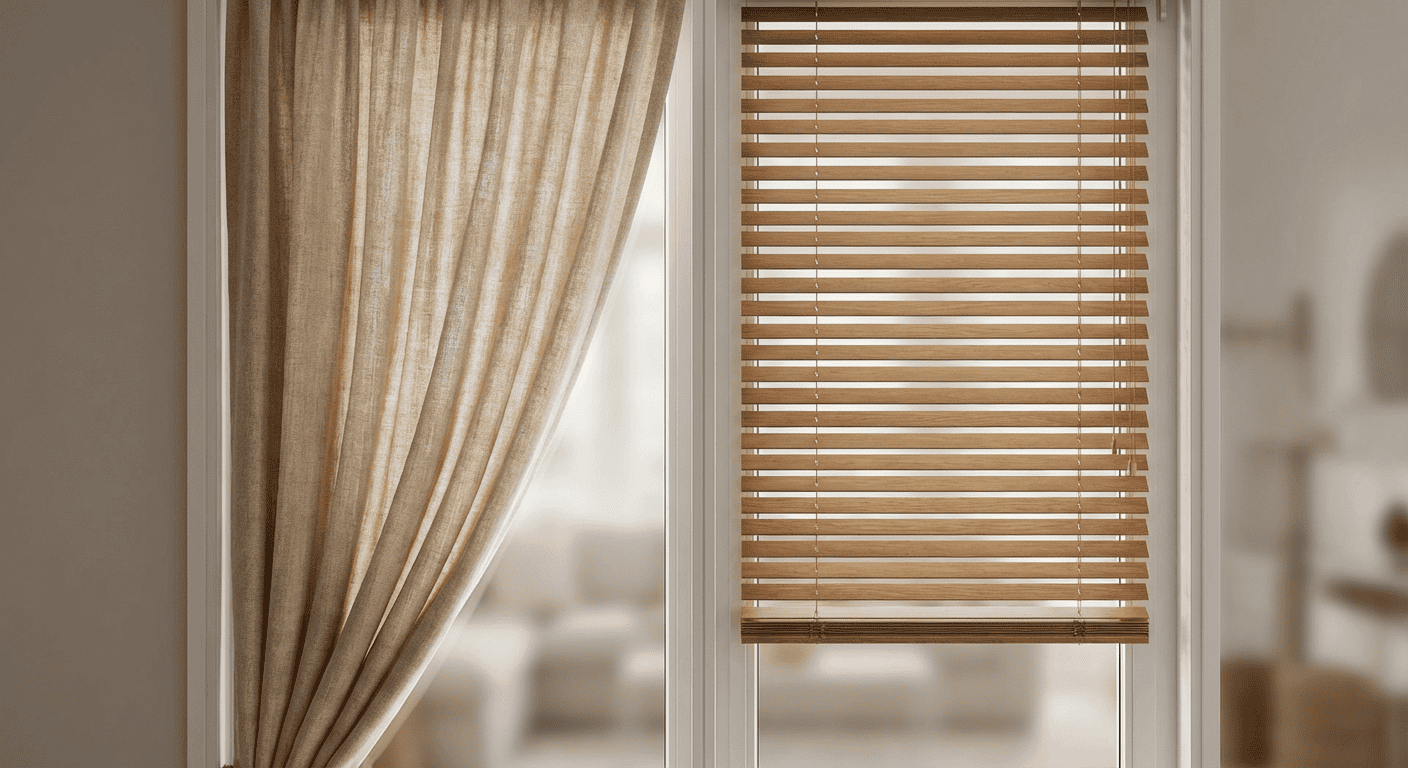 Window with beige curtains and wooden blinds allowing natural light and privacy.