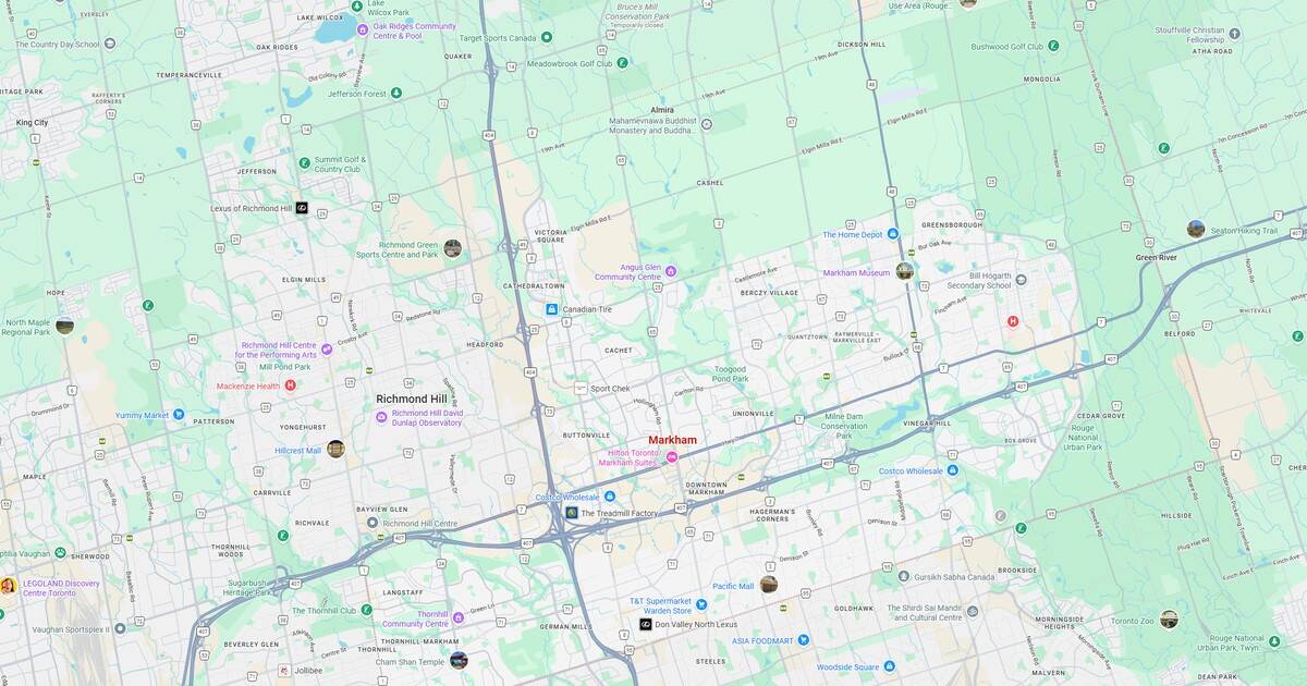 Richmond Hill city map with landmarks and key locations, including parks, shopping centers, and community areas.
