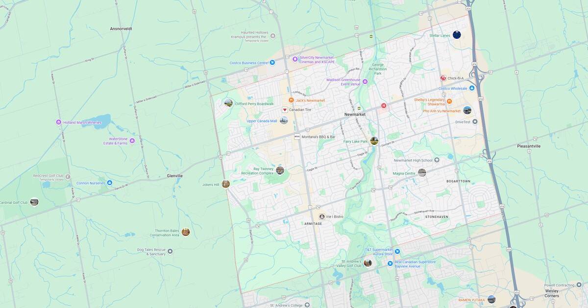 Detailed map of Newmarket, showing parks, shopping centers, and key landmarks for navigation.