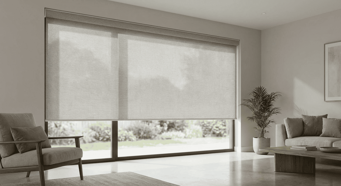 High-quality roller blinds in a contemporary living space with natural light and sleek furniture.