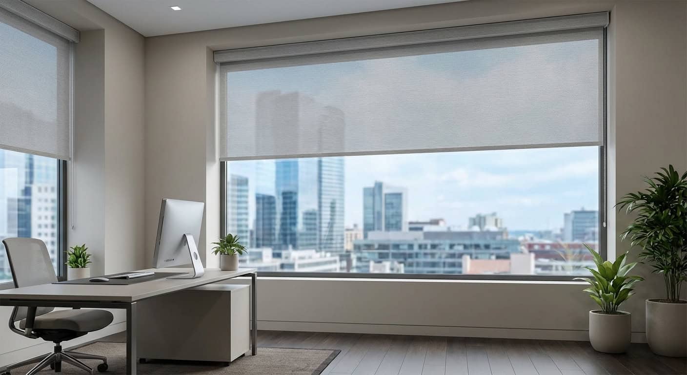 Bright office space with city skyline through large windows.