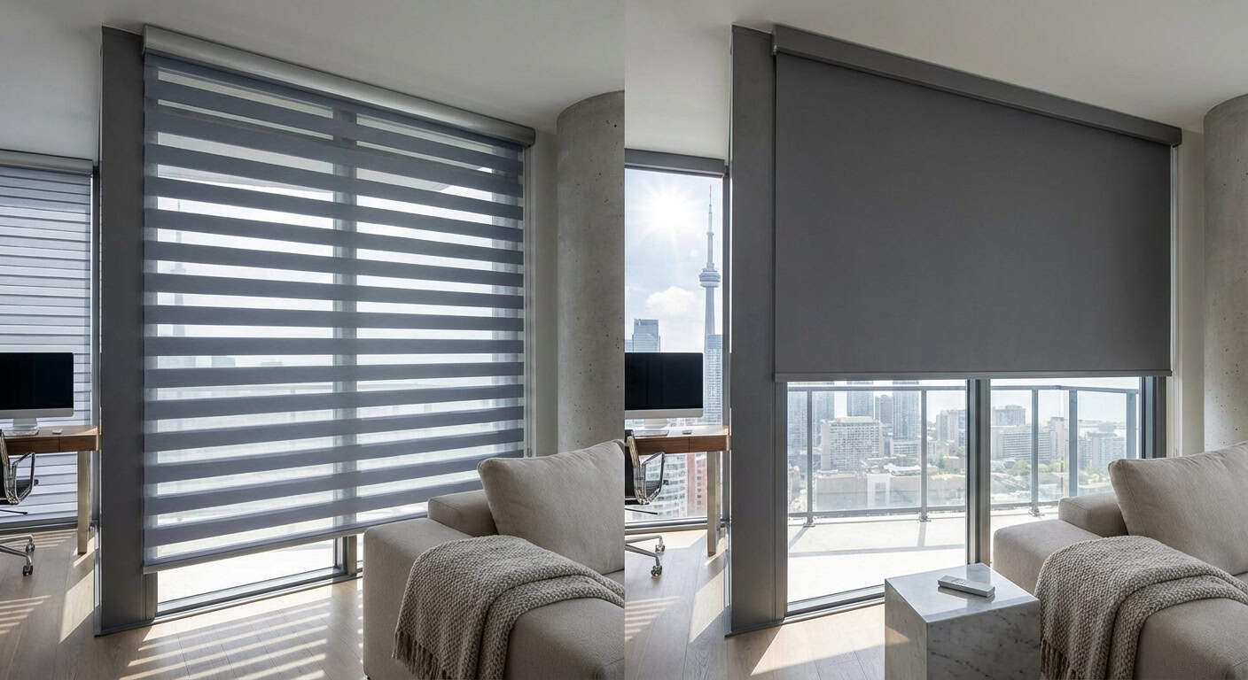 Modern window shades with city skyline view in condo or apartment.