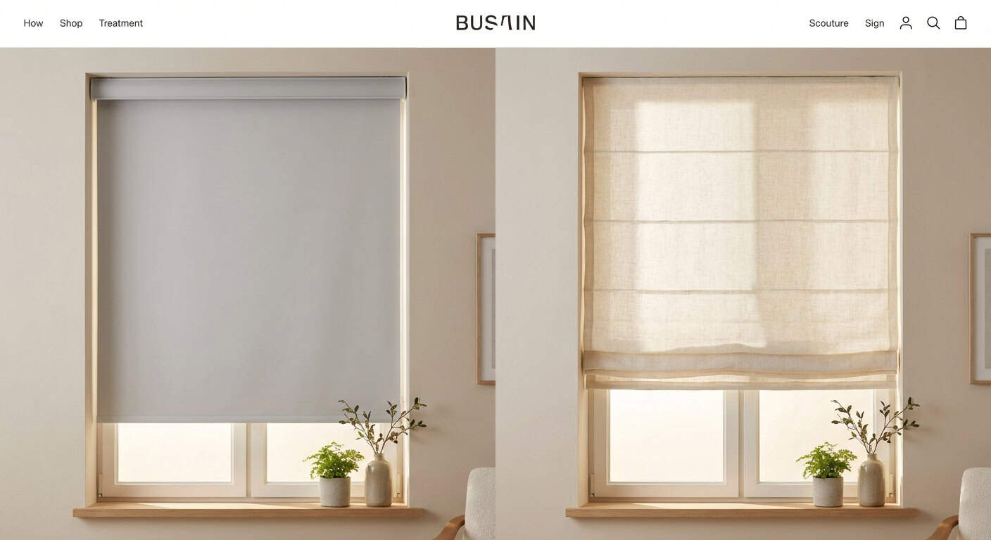 Up of two window blinds: one sleek gray roller blind and one textured beige Roman shade.