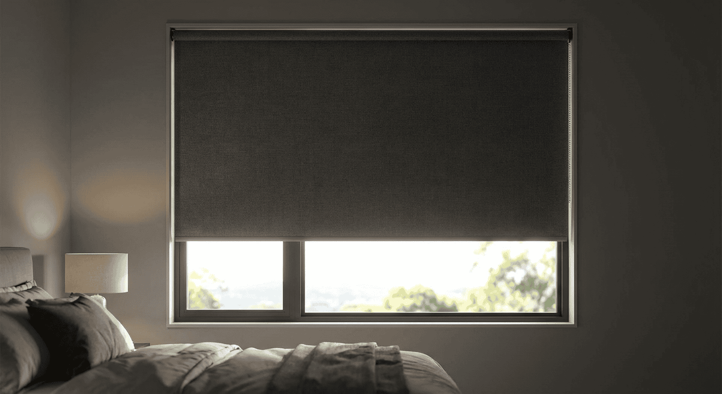 Blackout window shade covering a large window in a bedroom.