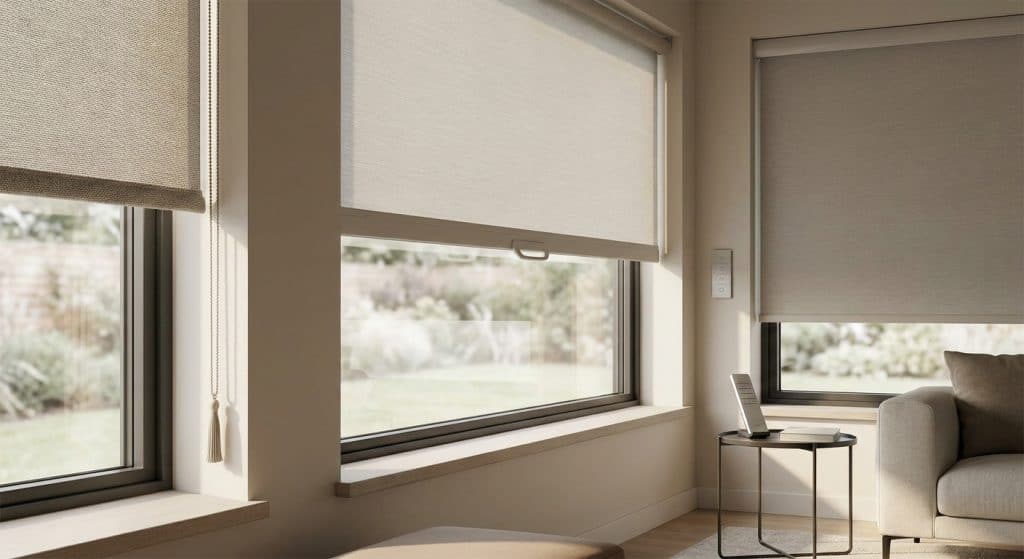 Modern living room with large windows and beige roller blinds.