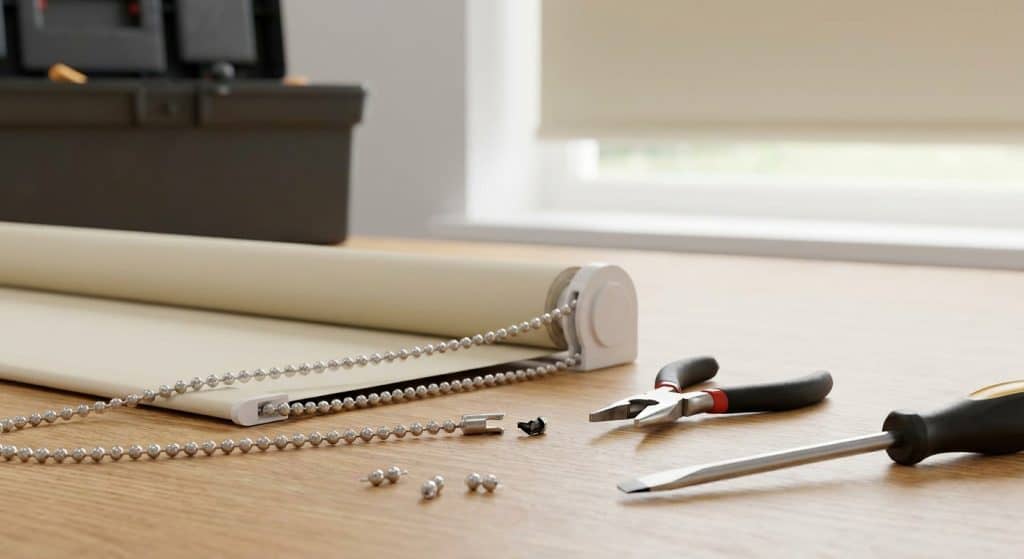 Blinds installation tools and accessories on a wooden desk.
