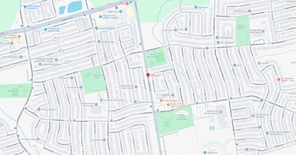 Detailed map showing streets, parks, and local landmarks in a residential community.