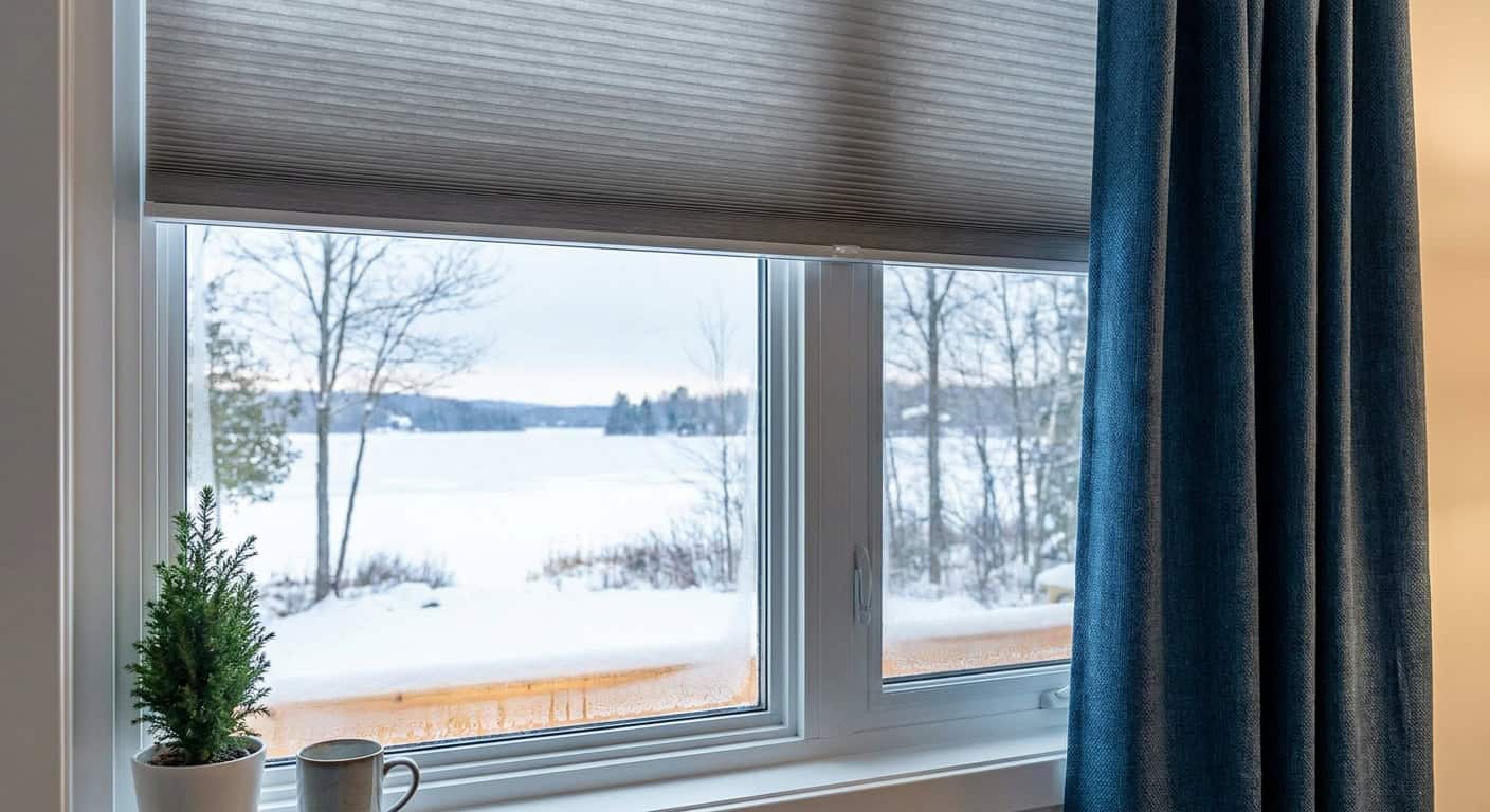 View of snow-covered landscape through a window with curtains.