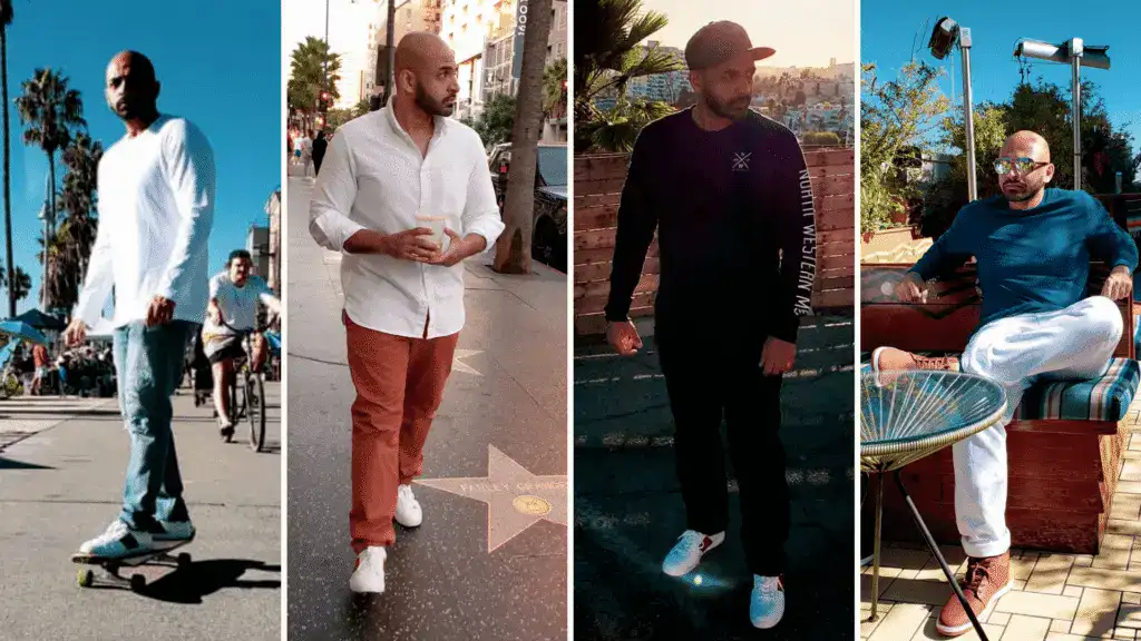 People skateboarding and walking in a lively city environment.