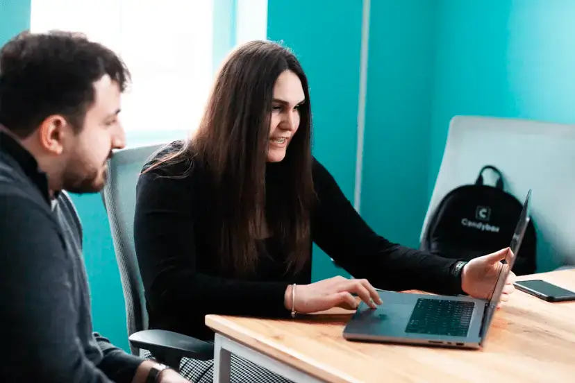 Hard working employee showing coworker a project on a laptop