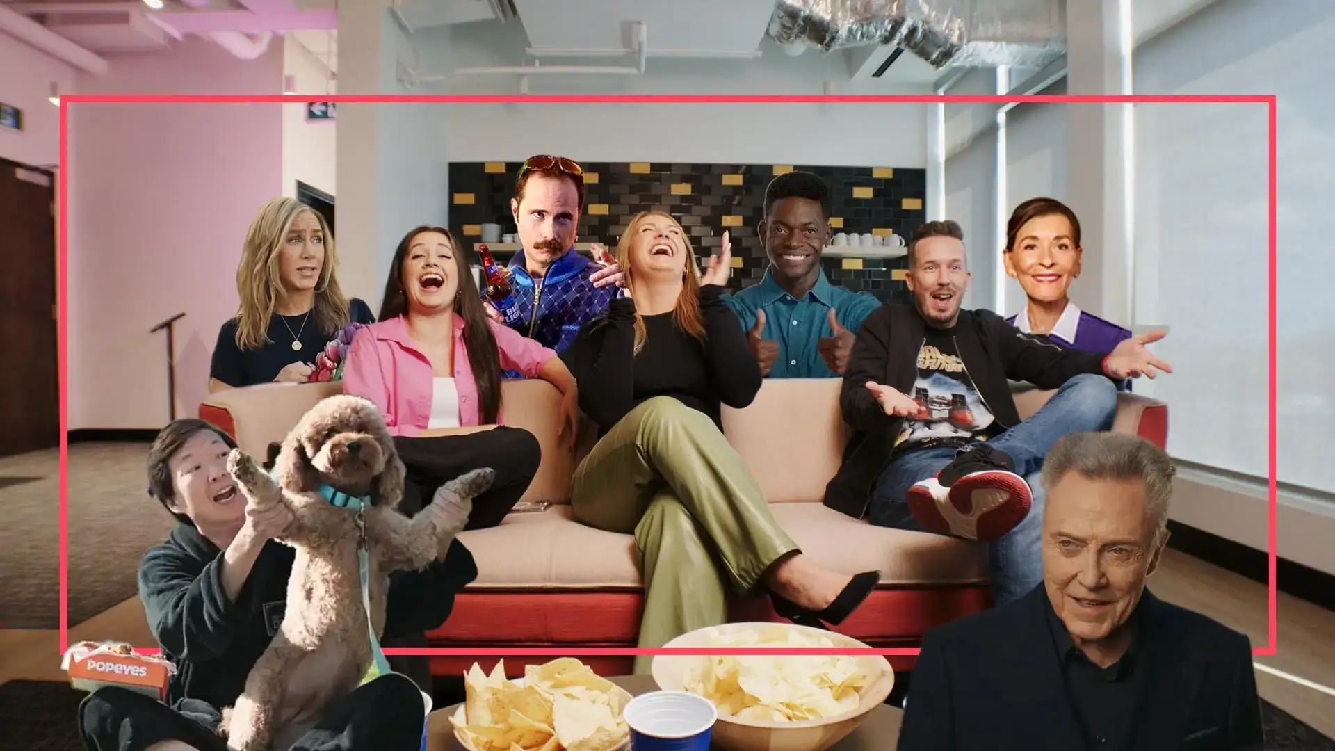 Diverse group of Canadians enjoying Super Bowl commercials on a sofa, capturing excitement and react.