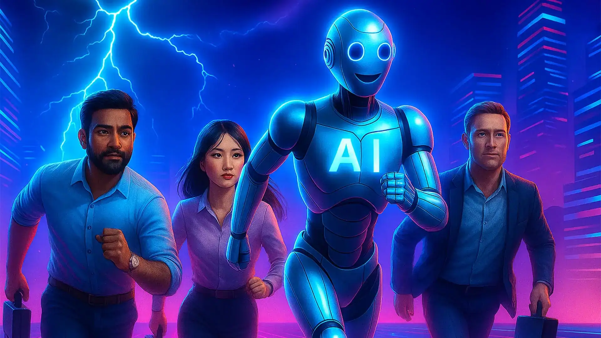 Diverse team of professionals with a robot in a futuristic cityscape, highlighting AI in modern mark.