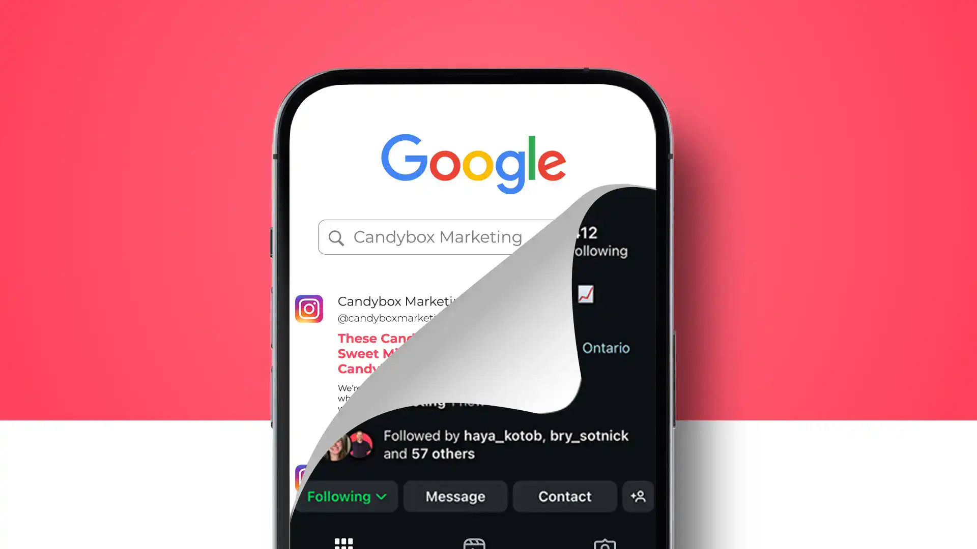 Smartphone displaying Instagram search results for Candybox Marketing profile.