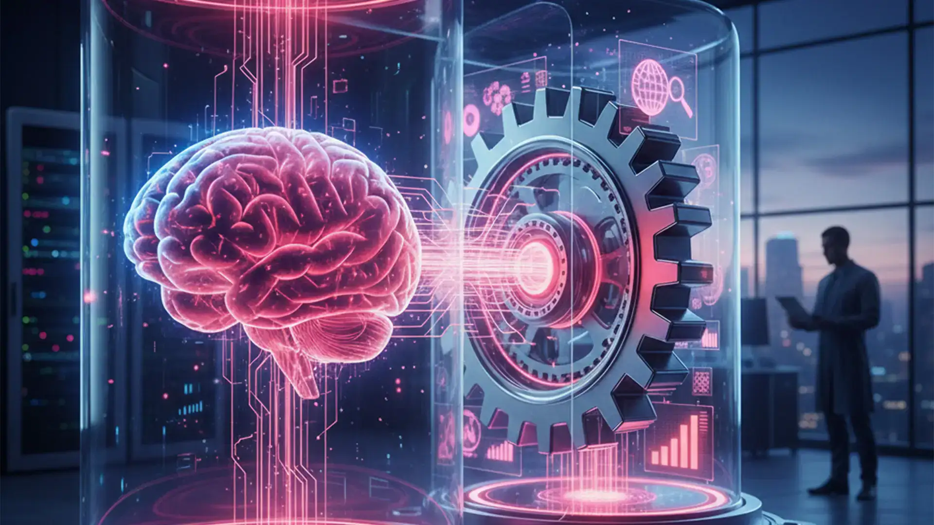 AI-powered brain and gear representing data-driven decision making.