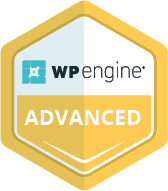 Badge de pied de page pour le site Web de Candybox Marketing, présentant la certification avancée WP Engine.