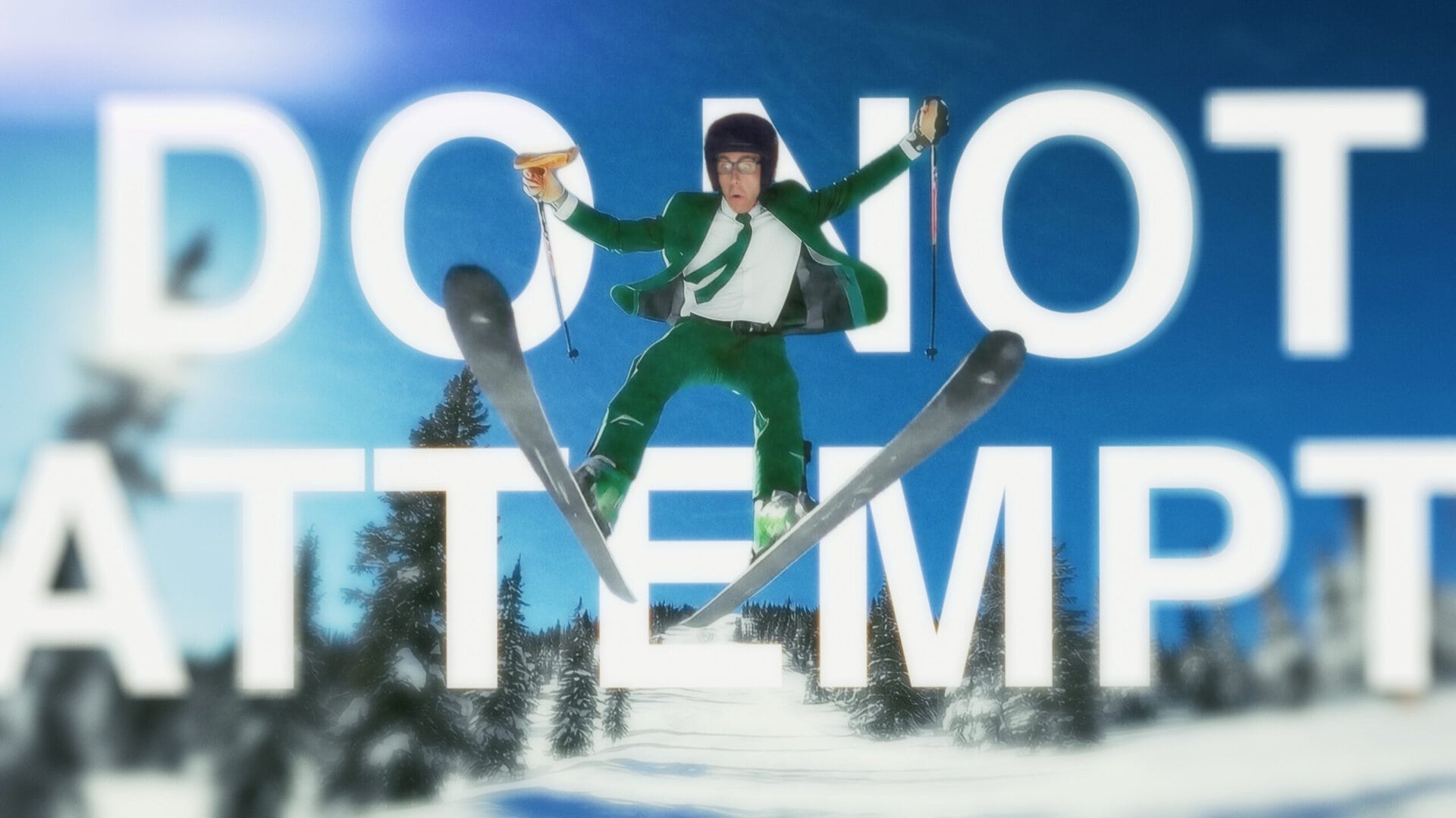 Skier mid-air performing a jump with skis in a snowy mountain setting.