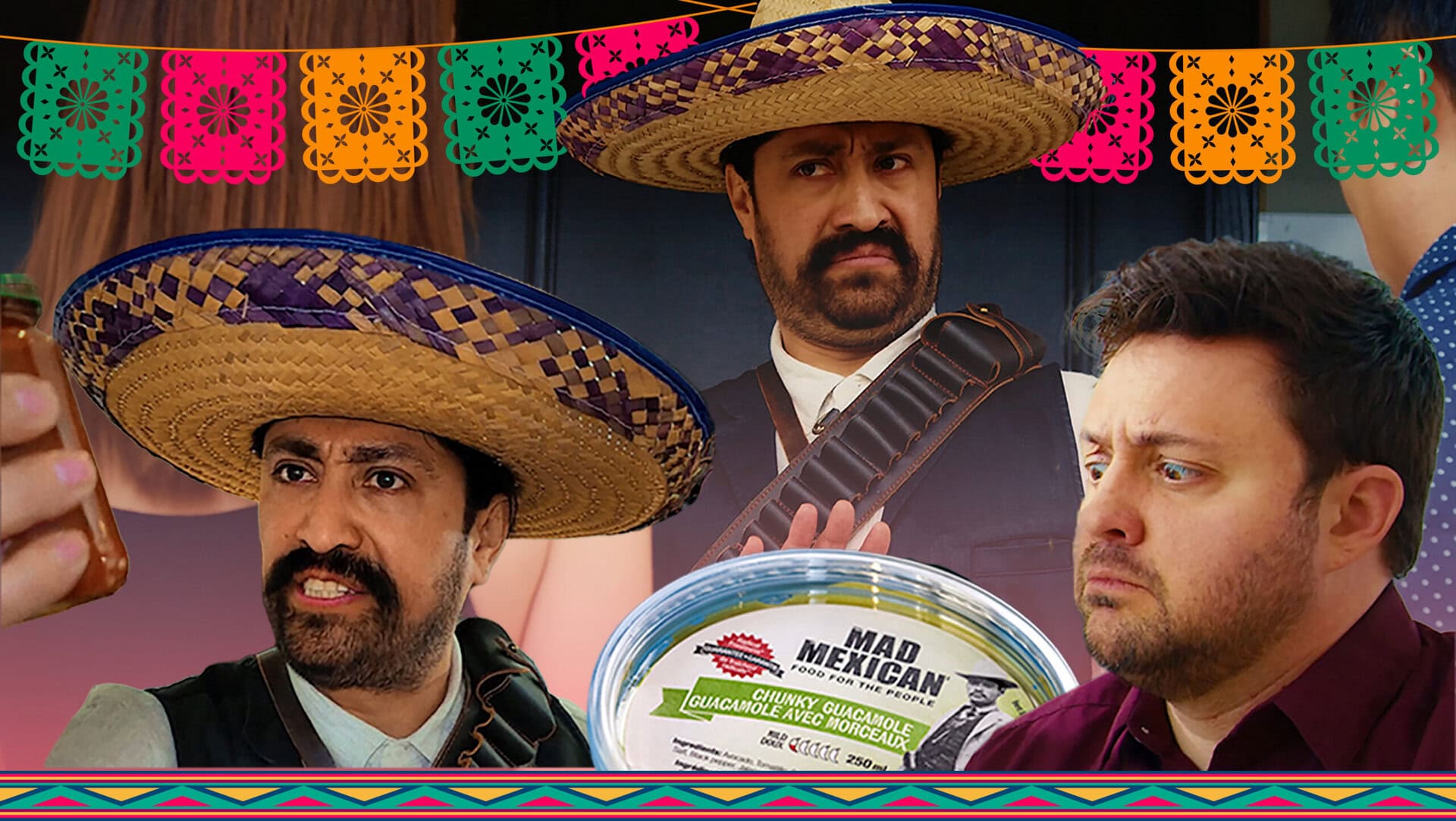 Group of men participating in a Mexican food challenge with traditional hats.