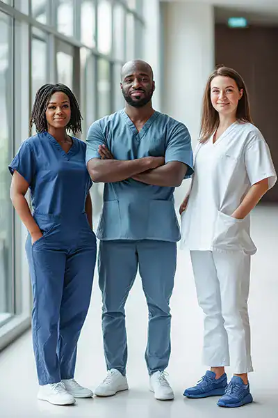 Diverse healthcare professionals in scrubs pose confidently in a hospital hallway.