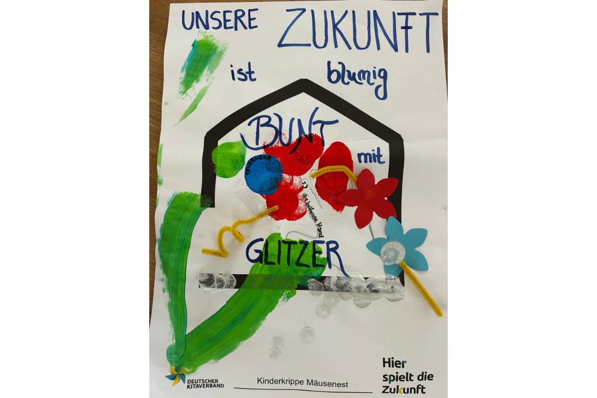 Kreatives Kinderbild mit Zukunftsvision, bunten Farben und Handzeichnungen.