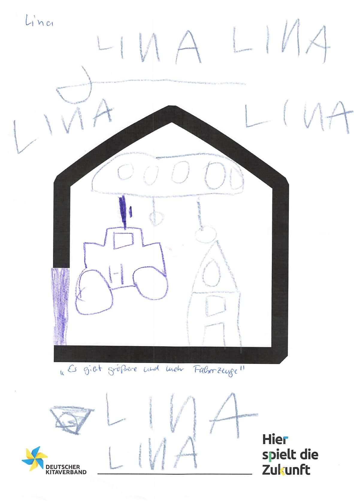 Kindermalerei eines Traktors mit bunten Linien und Namen.