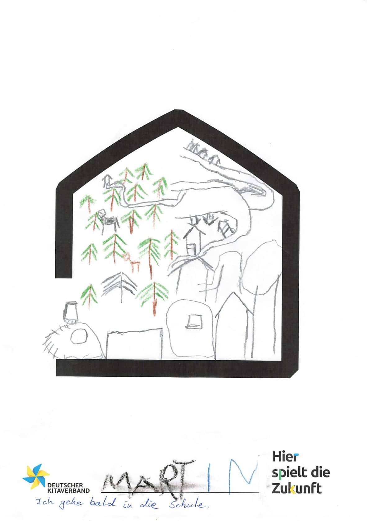Handgezeichnetes Bild eines Hauses mit Natur, Bäumen und Fluss, symbolisiert Umweltarbeit.