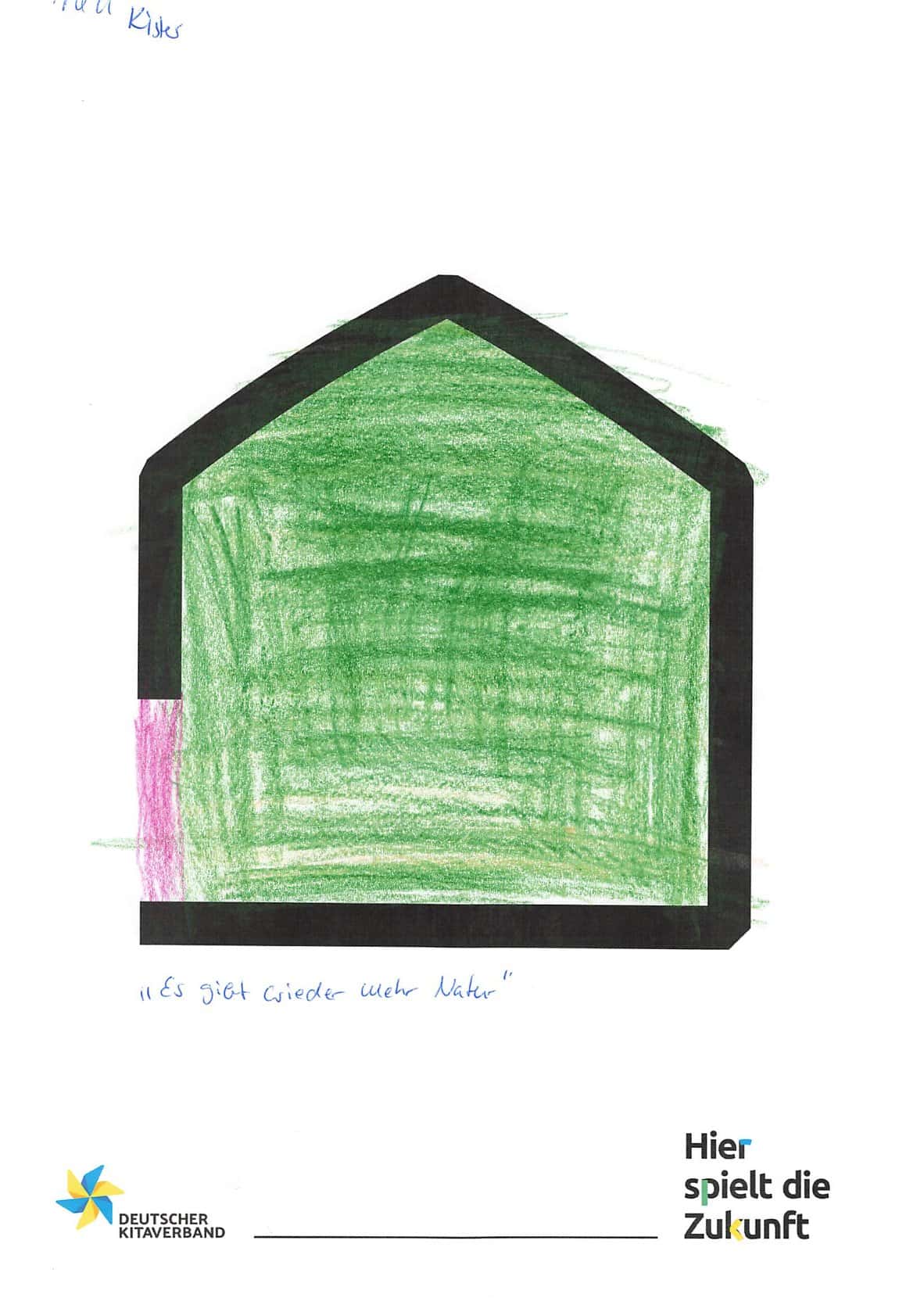 Kindermalerei eines Kita-Hauses mit grünem Dach und schwarzem Rahmen.