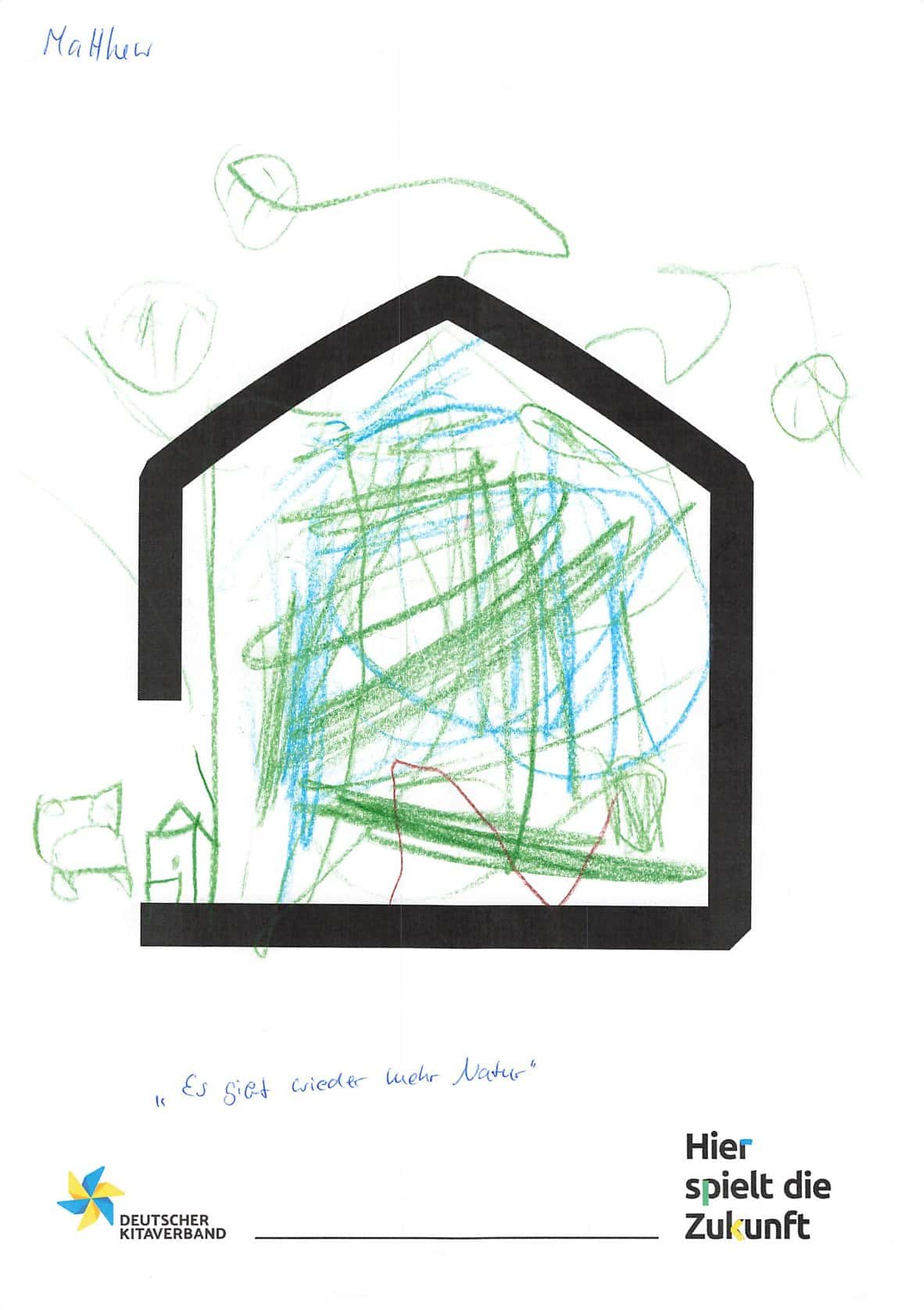 Hauszeichnung eines Kindes mit bunten Linien, umgeben von Blättern, symbolisiert Kreativität und Mit.