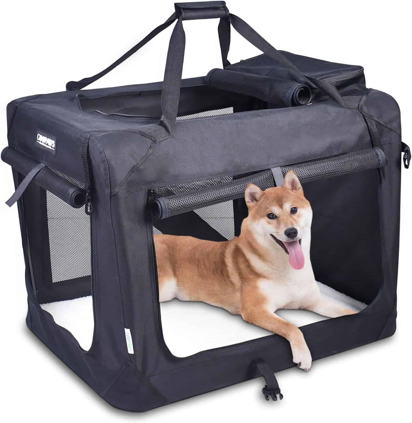 JESPET 30'' Soft Dog Crates Kennel for Dogs, 3 Door Soft Sided Folding Travel Pet Carrier with Straps and Fleece Mat Beige & Black