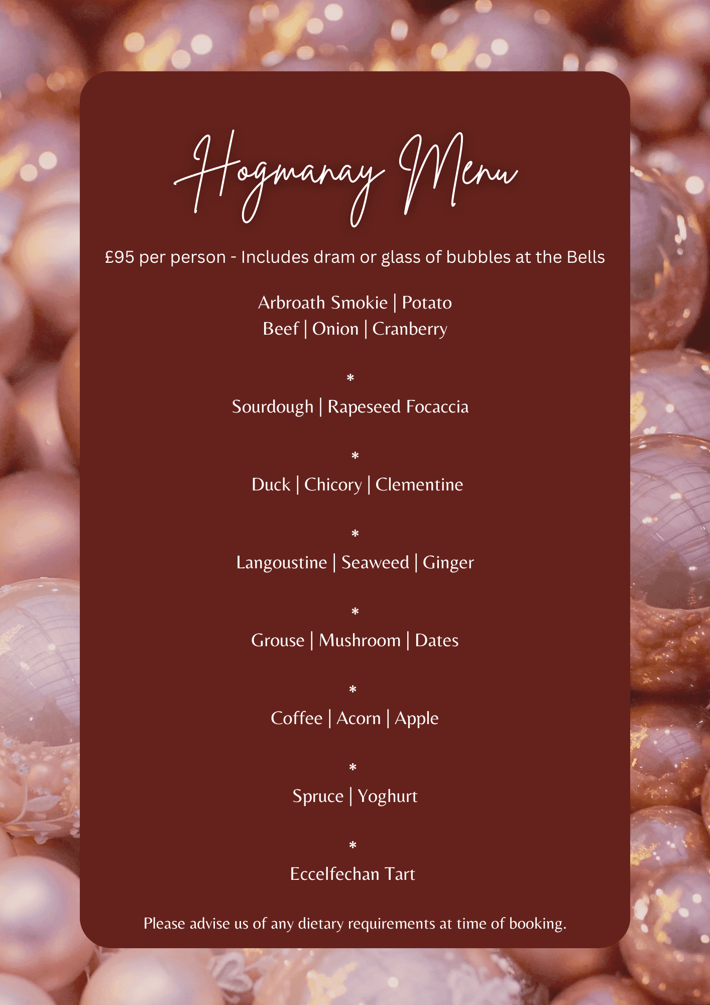 Hogmanay Menu at Hotel 1881 with festive food options and drinks.
