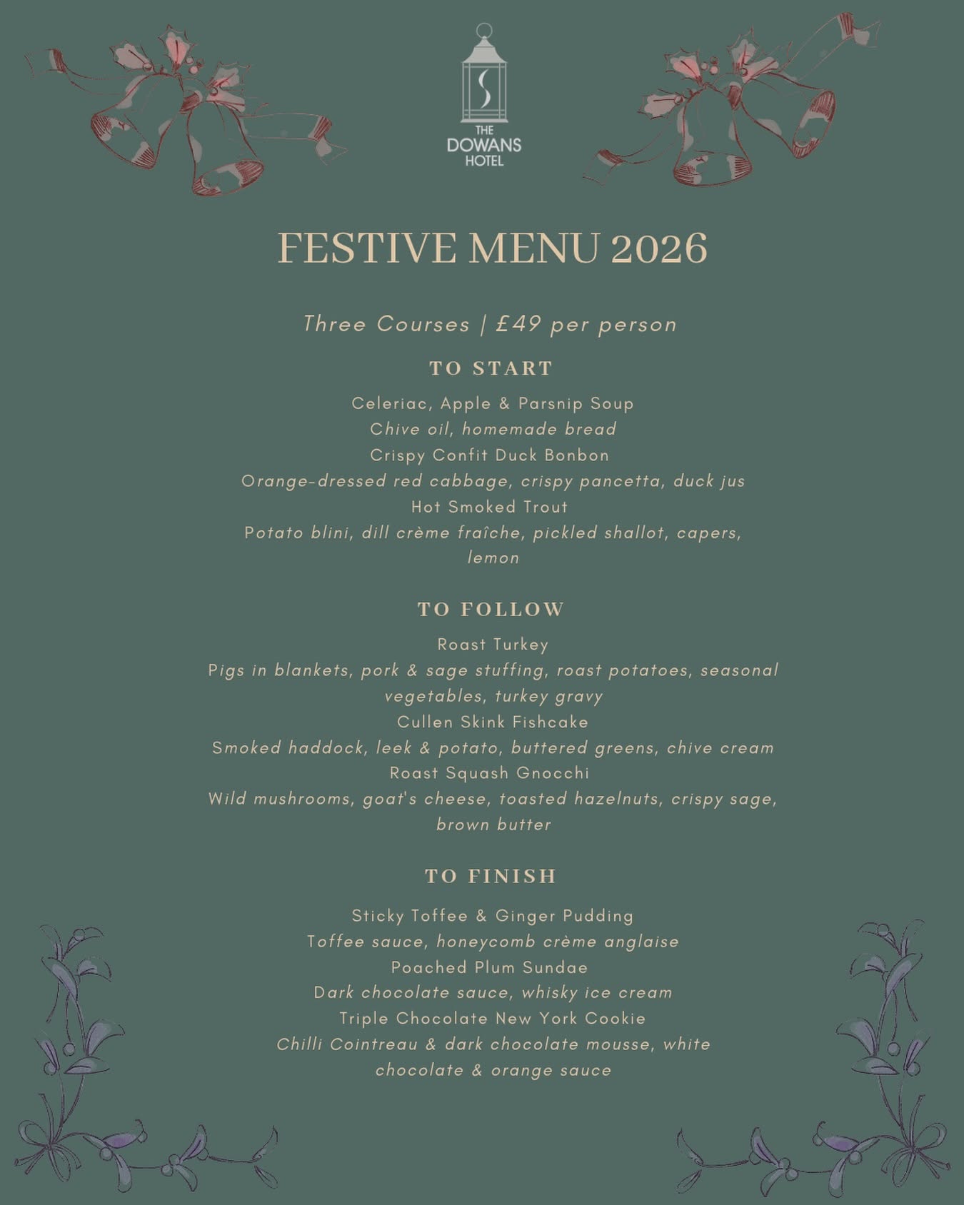 Festive menu at The Dowans Hotel Speyside Moray for 2026.