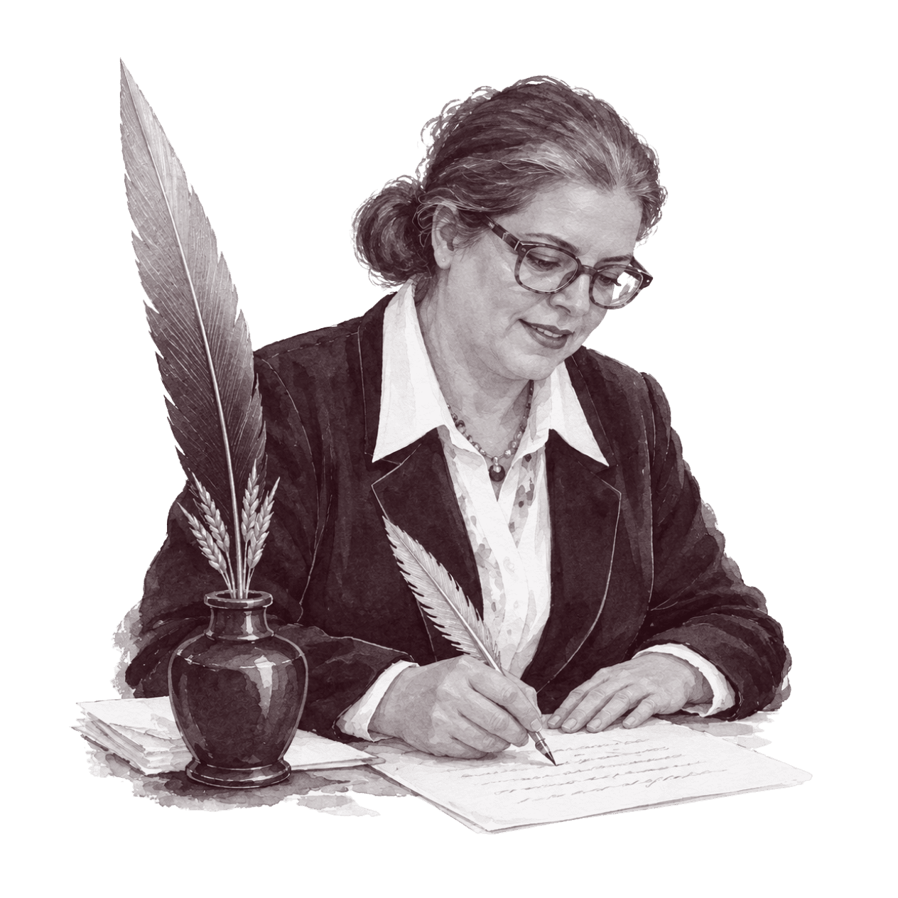Illustration en noir et blanc de Dominique qui écrit à la plume