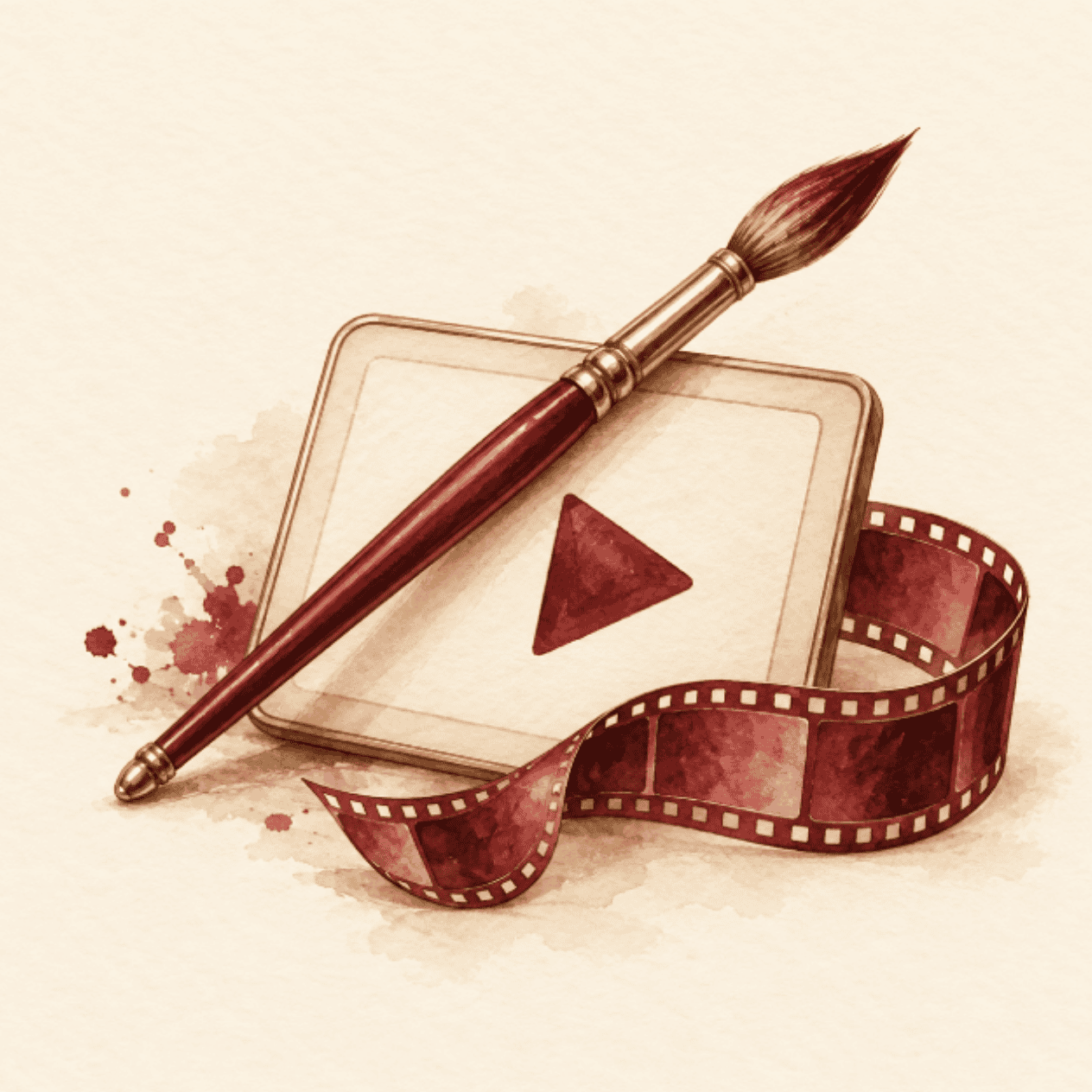 Un pinceau, un bouton de lecture et une pellicule vidéo à l’aquarelle