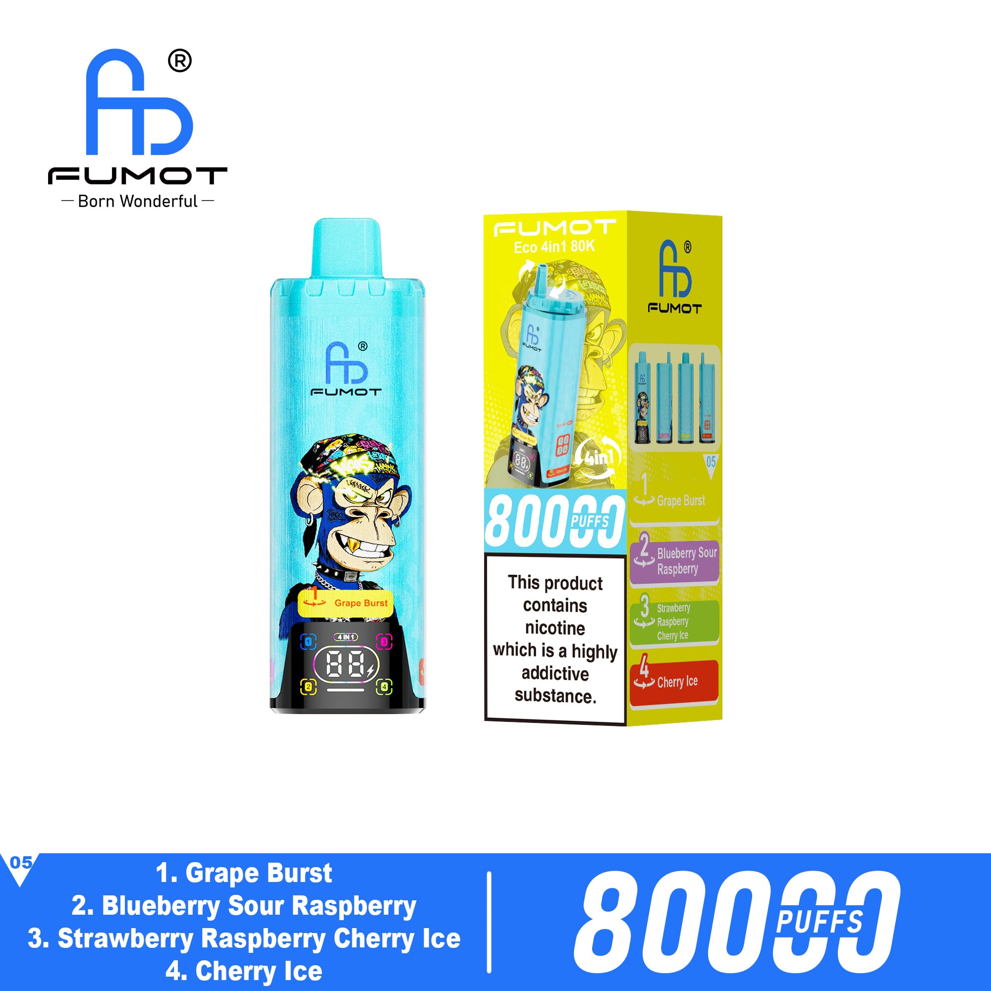 Fumot Eco 4in1 80K Grape Burst / Blueberry Sour Raspberry / Strawberry Raspberry Cherry Ice / Cherry Ice – Bild 2