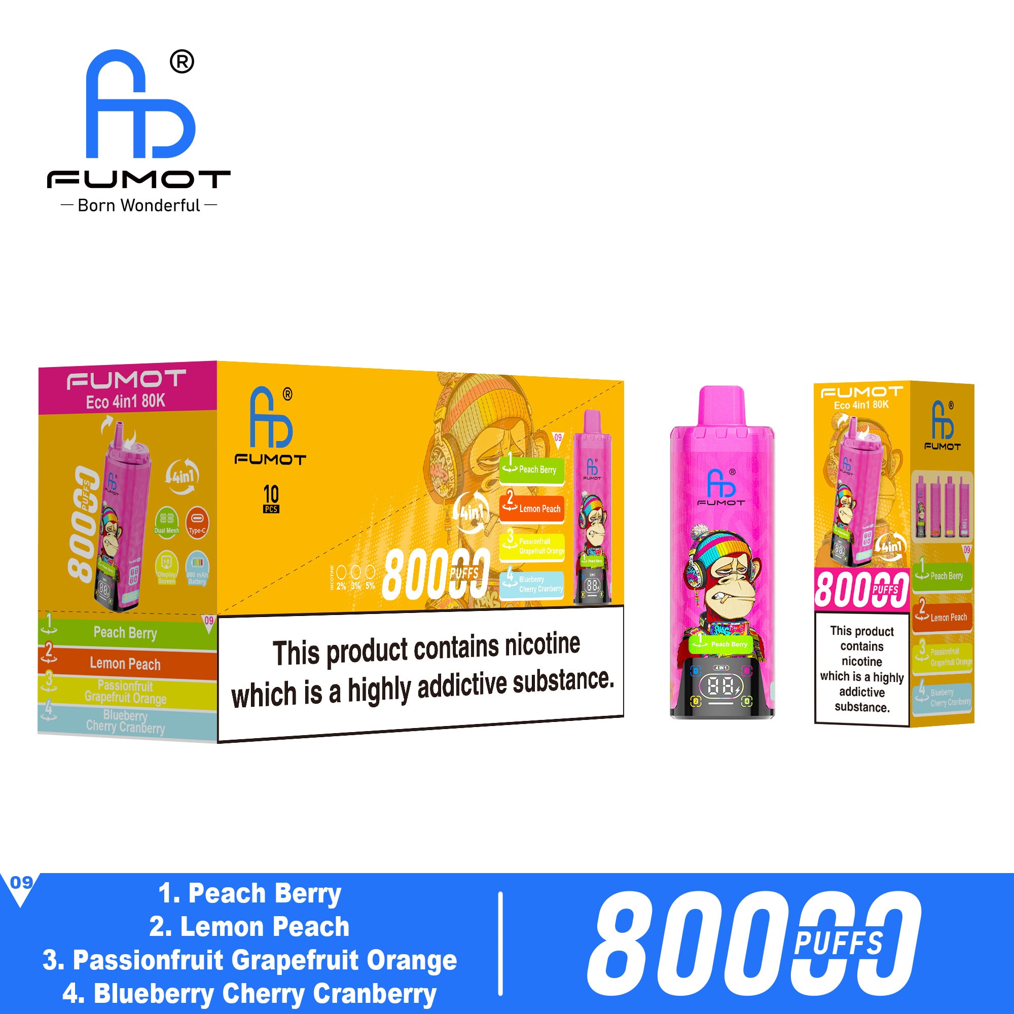 Fumot Eco 4in1 80K Peach Berry / Lemon Peach / Passionfruit Grapefruit Orange / Blueberry Cherry Cranberry – Bild 3
