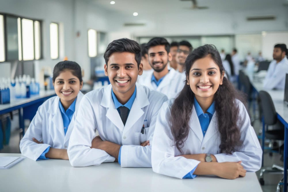 Students in lab coats smiling in a classroom setting, promoting education and scientific curiosity.