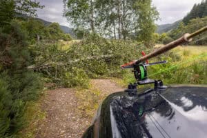 Fallen tree blocking road near Erchless Castle Estate in a rural Scottish landscape.
