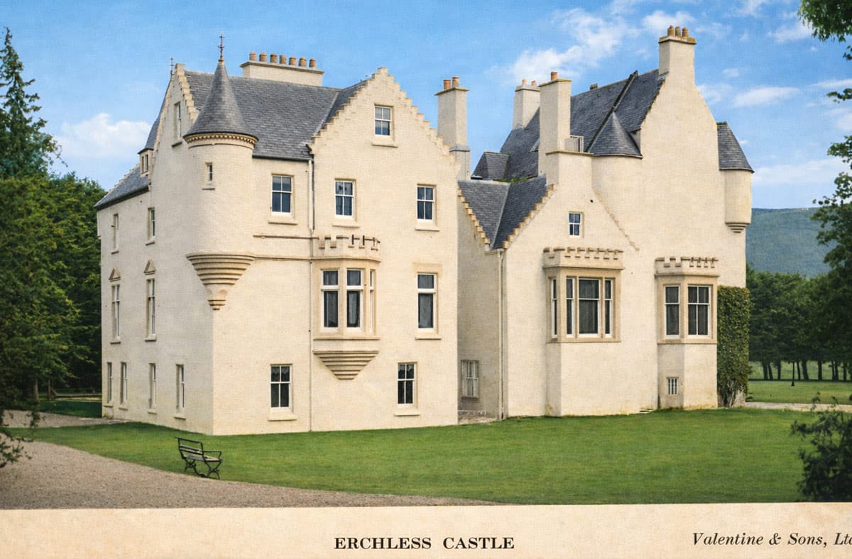 Elegant Scottish castle with historic architecture, surrounded by lush gardens and scenic landscapes.