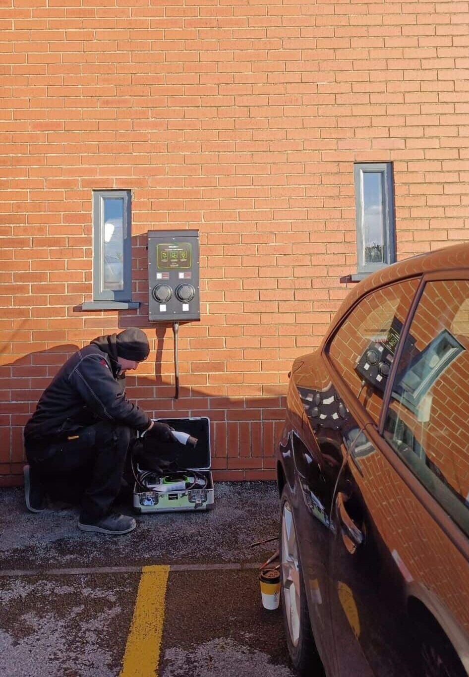 EV charger being installed on a brick wall for commercial electric vehicle charging.