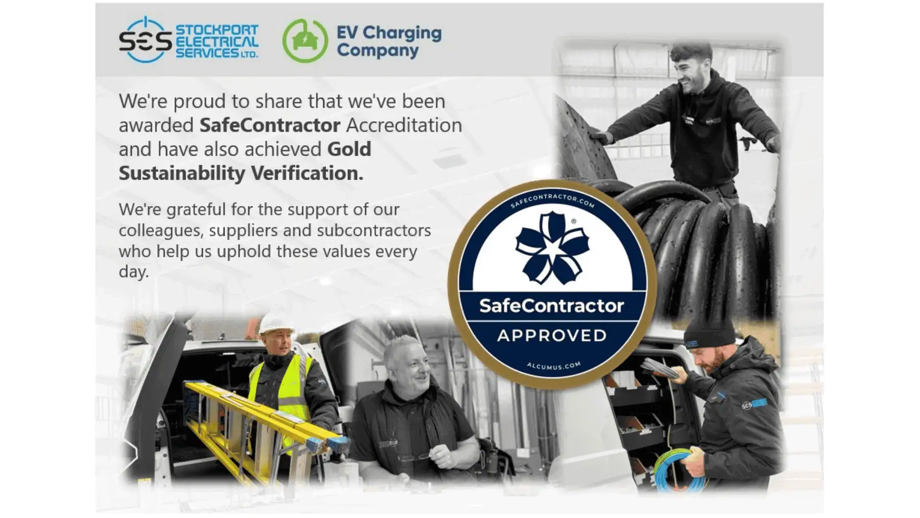 EV Charging Company with SafeContractor Gold Sustainability.